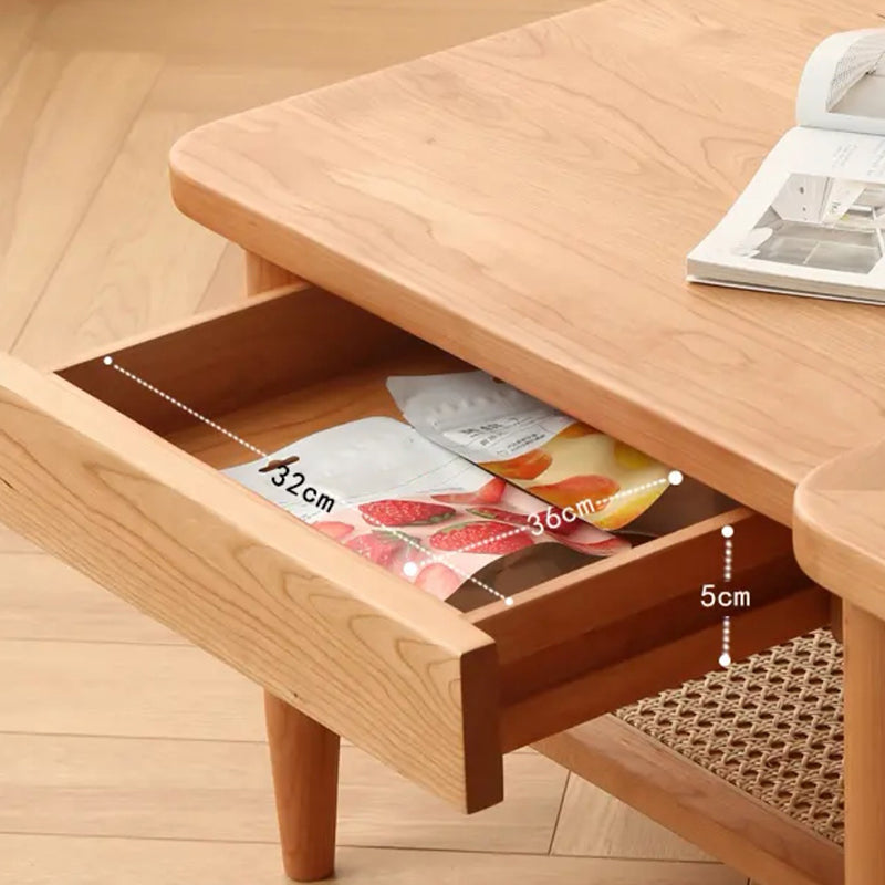 Scandinavian Rectangle Coffee Table in Natural Solid Wood with Storage