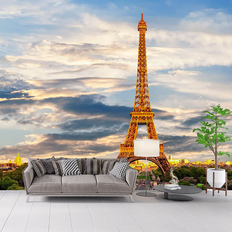 Tower Construction Illustration Pattern Mildew Wall Mural for Living Room