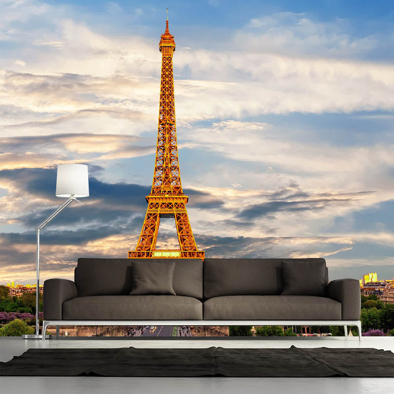 Tower Construction Illustration Pattern Mildew Wall Mural for Living Room
