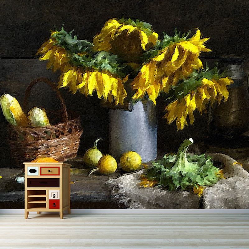 Sunflower Illustration Pattern Mildew Wall Mural Horizontalt for Living Room