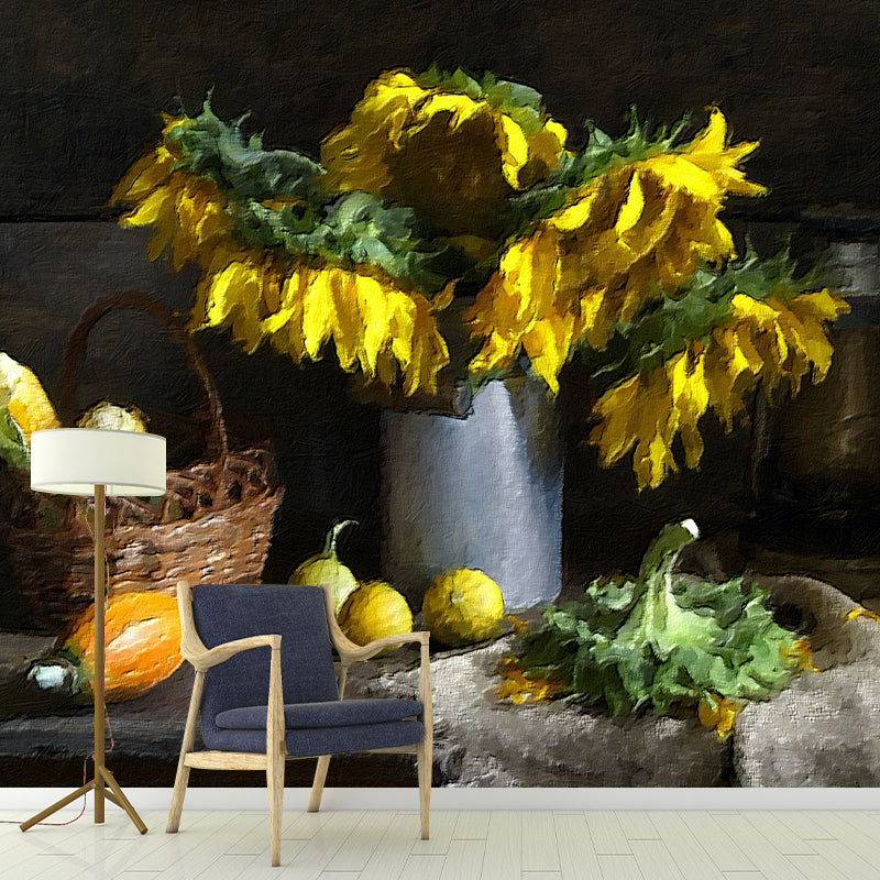 Sunflower Illustration Pattern Mildew Wall Mural Horizontalt for Living Room