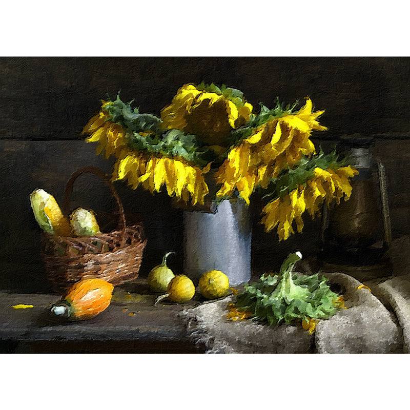 Sunflower Illustration Pattern Mildew Wall Mural Horizontalt for Living Room