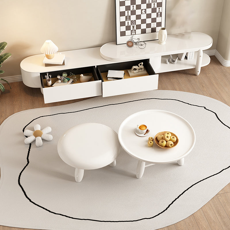 White Contemporary Oval and Round Wood Coffee Table with Drawer