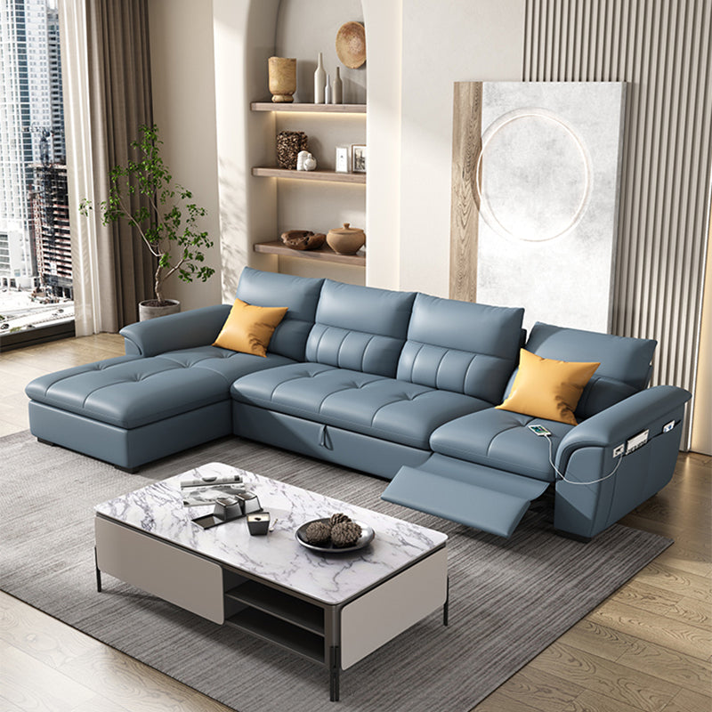 Stainless Steel Blue Genuine Leather Living Room Flared Arm Sofa