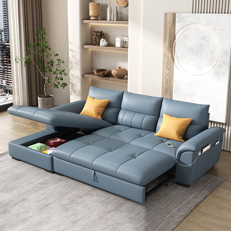Stainless Steel Blue Genuine Leather Living Room Flared Arm Sofa