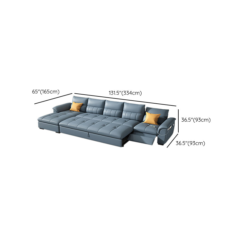 Stainless Steel Blue Genuine Leather Living Room Flared Arm Sofa