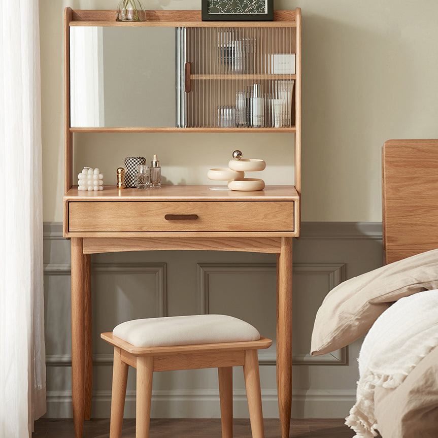 51.97" High 1-Drawer Vanity Desk/Mirror and Stool in Cherry Wood