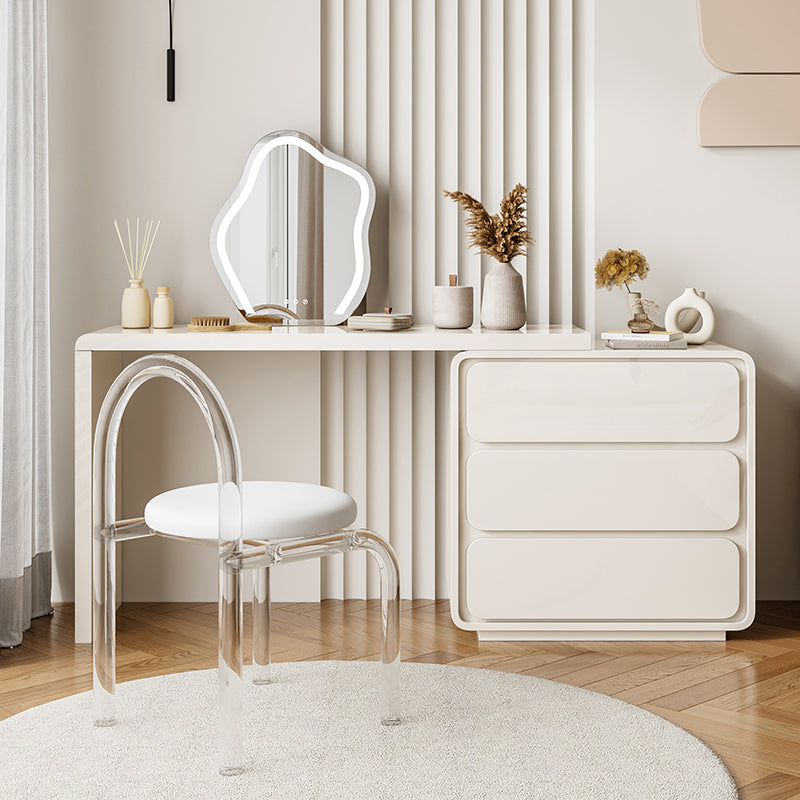 Cream Pine Wood Vanity Make up Table Set with Stool and Mirror