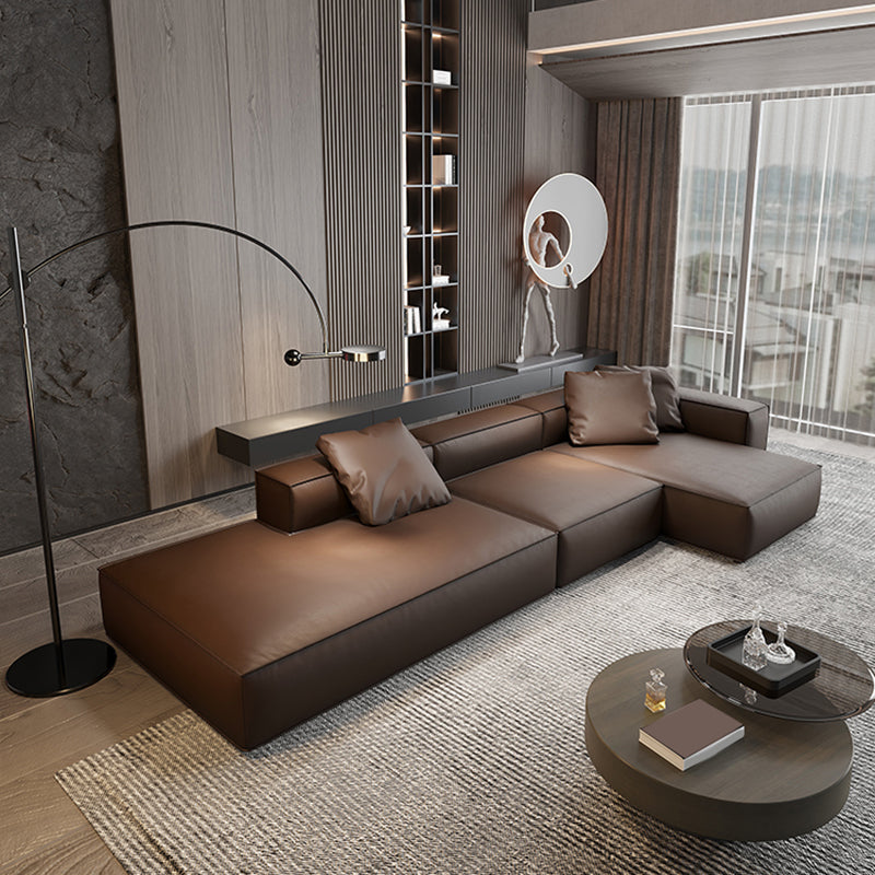 Modern Sectional Set, Genuine Leather Square Arm Sectional sofa, Brown