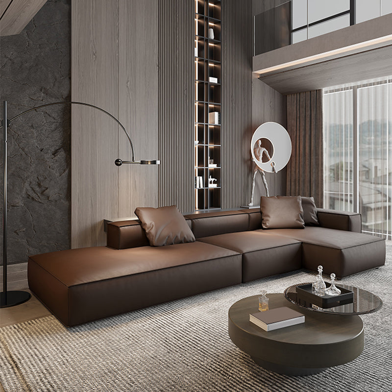 Modern Sectional Set, Genuine Leather Square Arm Sectional sofa, Brown