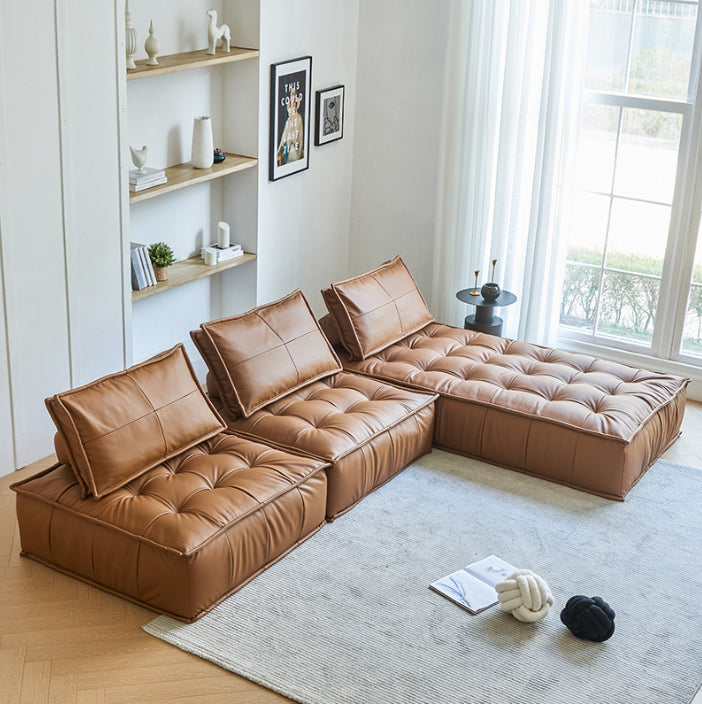 Tufted Leather Sectionals in Brown Mid-Century Modern Blocks Sofa with Pillows