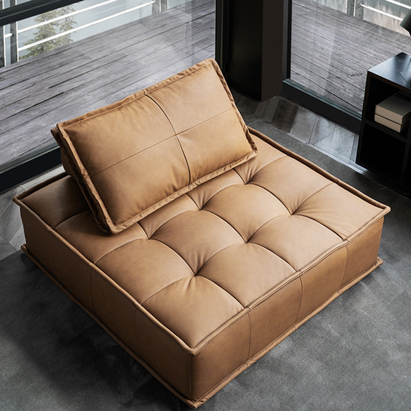 Tufted Leather Sectionals in Brown Mid-Century Modern Blocks Sofa with Pillows