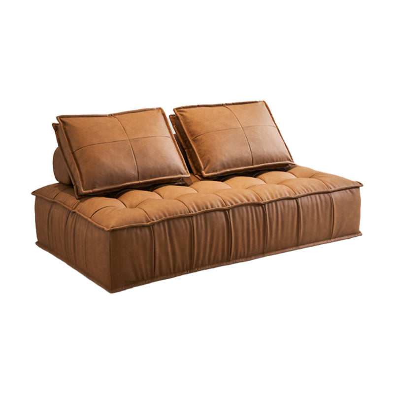 Tufted Leather Sectionals in Brown Mid-Century Modern Blocks Sofa with Pillows