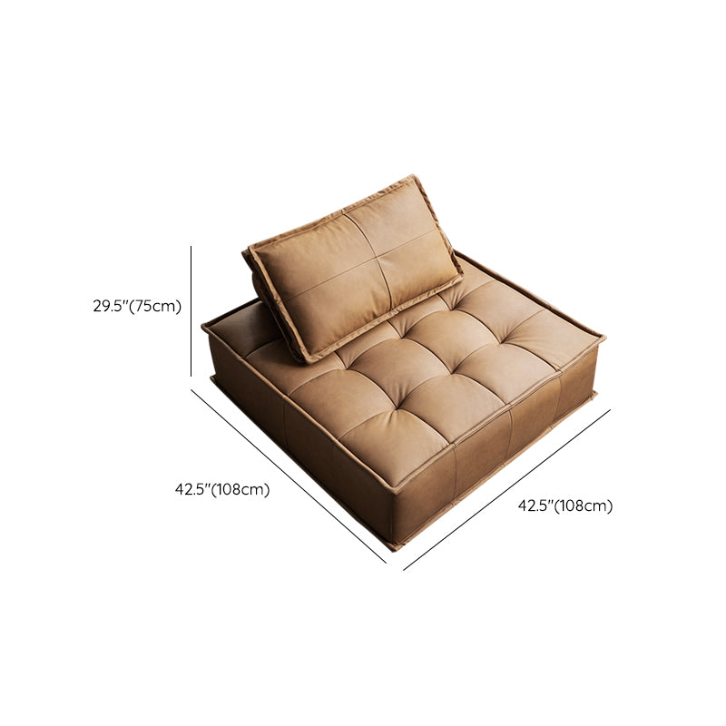 Tufted Leather Sectionals in Brown Mid-Century Modern Blocks Sofa with Pillows