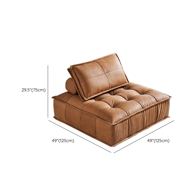 Tufted Leather Sectionals in Brown Mid-Century Modern Blocks Sofa with Pillows