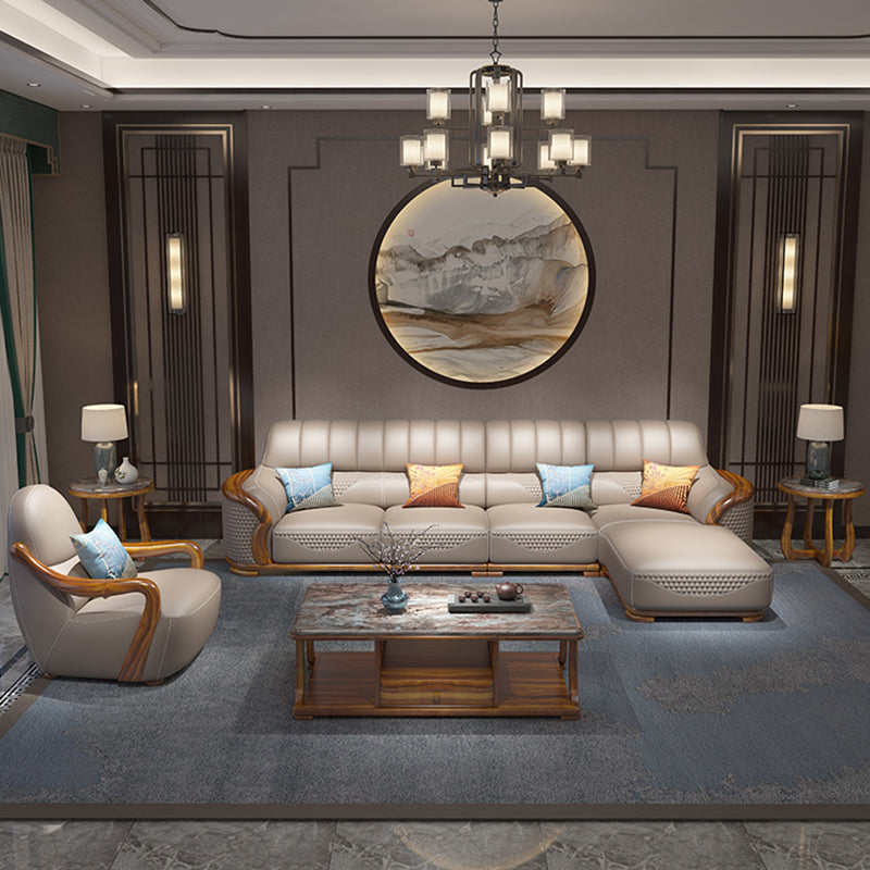 Solid Wood L-Shape Sectional Sofa Genuine Leather 3/4-Seat Sofa with Chaise