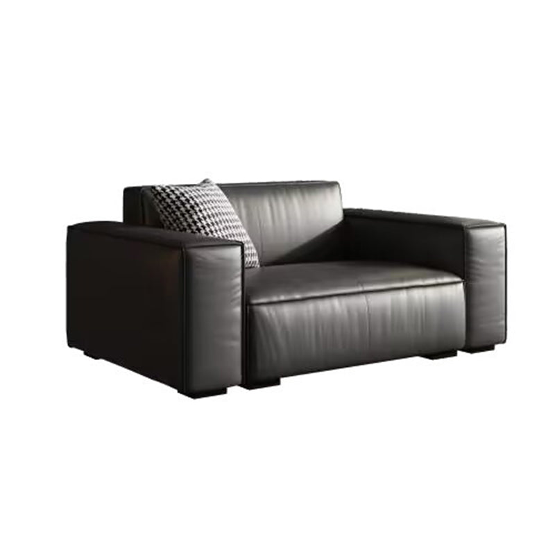 Modern Square Arm Sectional, Genuine Leather Sectional Couch in Black