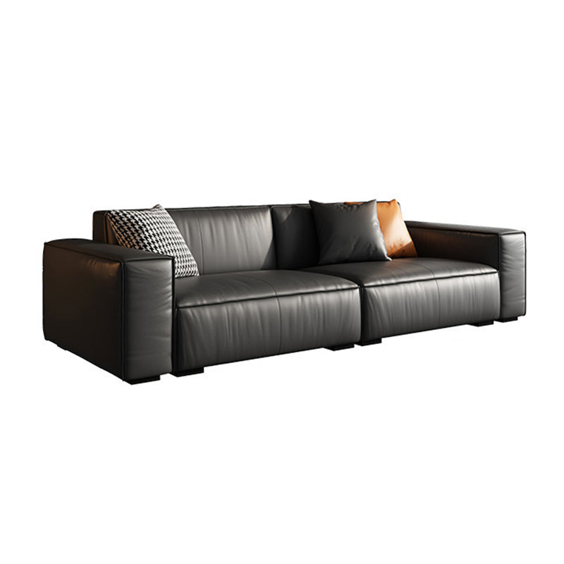 Modern Square Arm Sectional, Genuine Leather Sectional Couch in Black