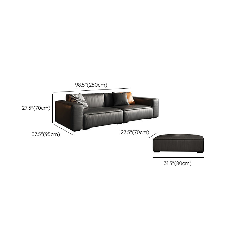 Modern Square Arm Sectional, Genuine Leather Sectional Couch in Black