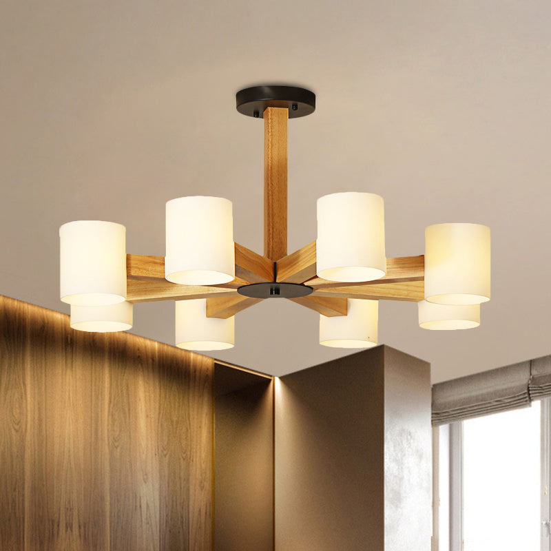 White Cylindrical Shade Pendant Lighting Japanese Stylish Glass & Wood Chandelier for Bedroom