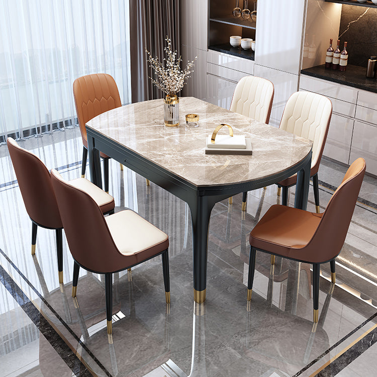 Modern Round Extendable Dining Table Stone Tabletop with Black Wood Legs