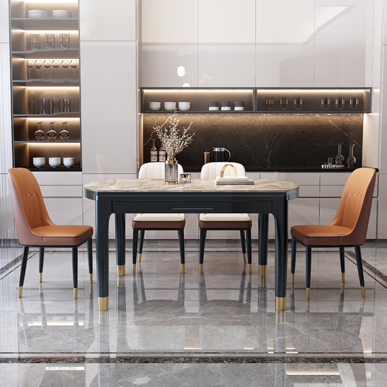 Modern Round Extendable Dining Table Stone Tabletop with Black Wood Legs