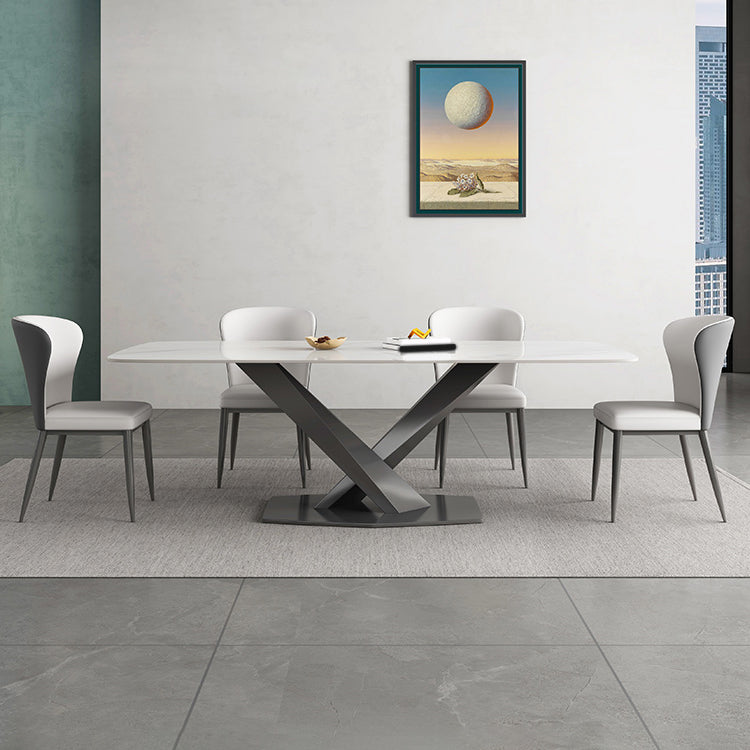 White Stone Top Dining Table Rectangular Tabletop with Metal Pedestal Base