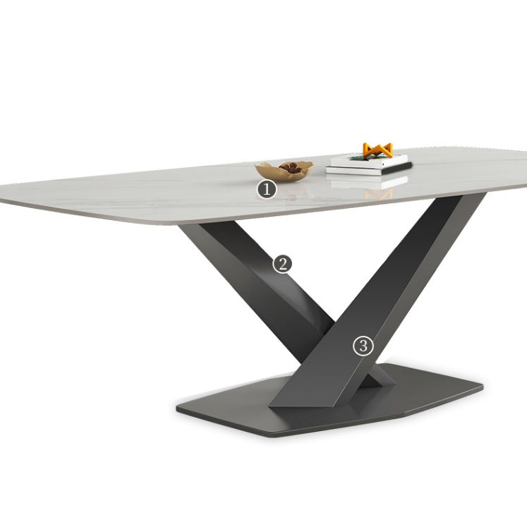 White Stone Top Dining Table Rectangular Tabletop with Metal Pedestal Base