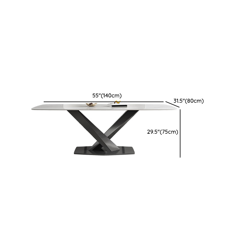 White Stone Top Dining Table Rectangular Tabletop with Metal Pedestal Base