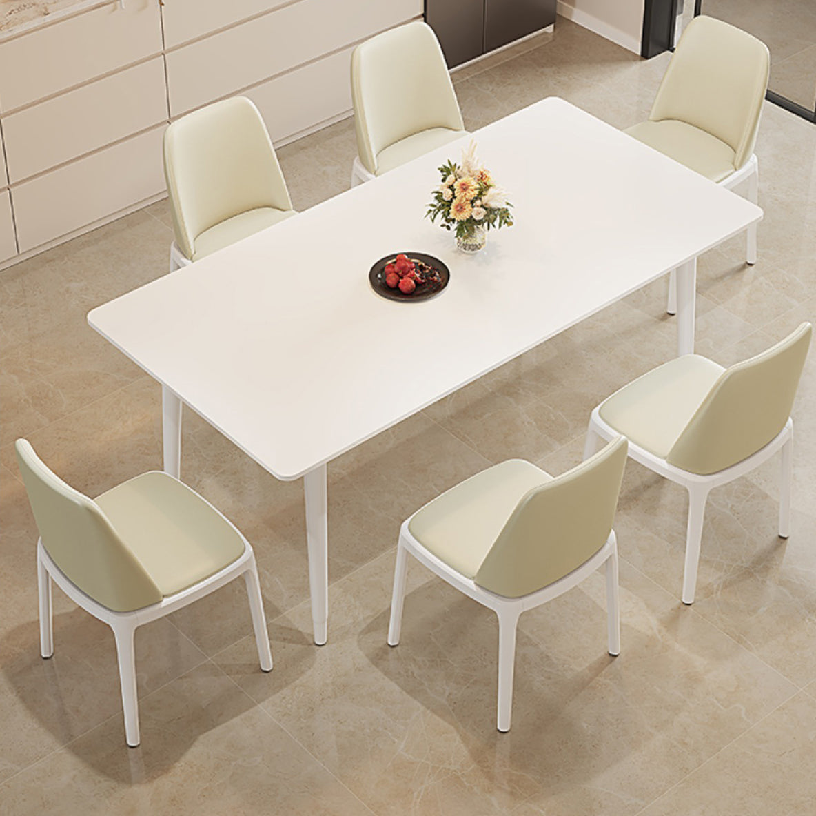 Modern Rectangular Dining Table White Stone Tabletop with Wood Legs