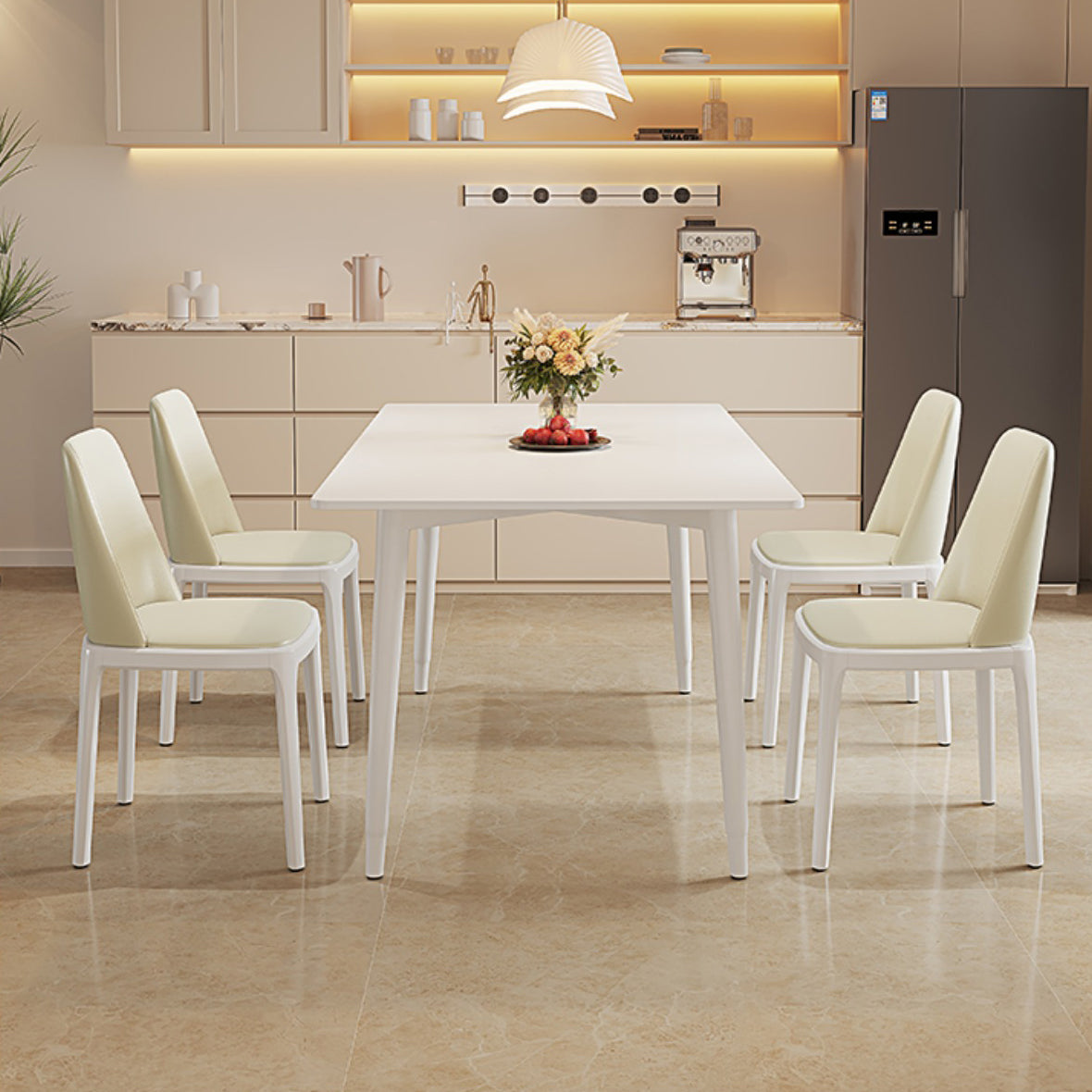 Modern Rectangular Dining Table White Stone Tabletop with Wood Legs