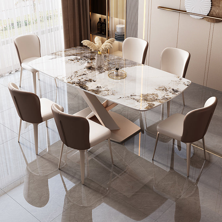 Rectangular Luxury White Stone Top Dining Table with Metal Pedestal