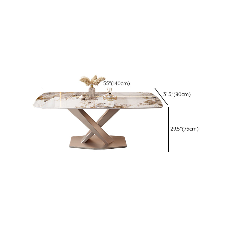 Rectangular Luxury White Stone Top Dining Table with Metal Pedestal