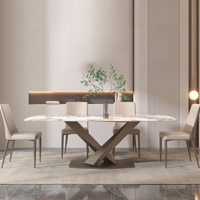 Contemporary Rectangle Sintered Stone Top Metal Base Dining Table with Chairs