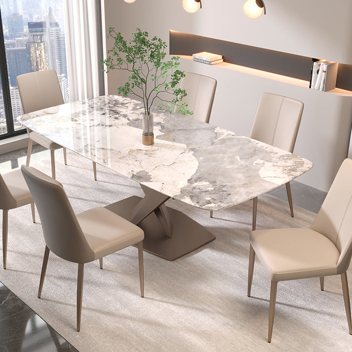 Contemporary Rectangle Sintered Stone Top Metal Base Dining Table with Chairs