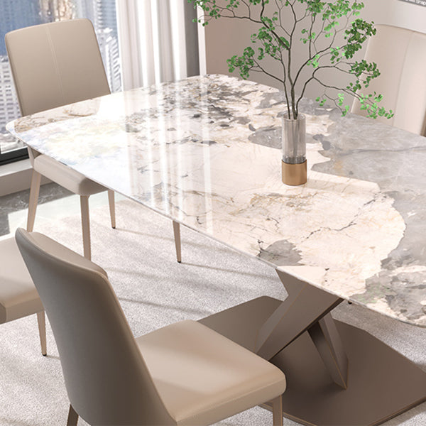 Contemporary Rectangle Sintered Stone Top Metal Base Dining Table with Chairs