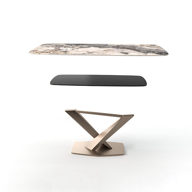 Contemporary Rectangle Sintered Stone Top Metal Base Dining Table with Chairs
