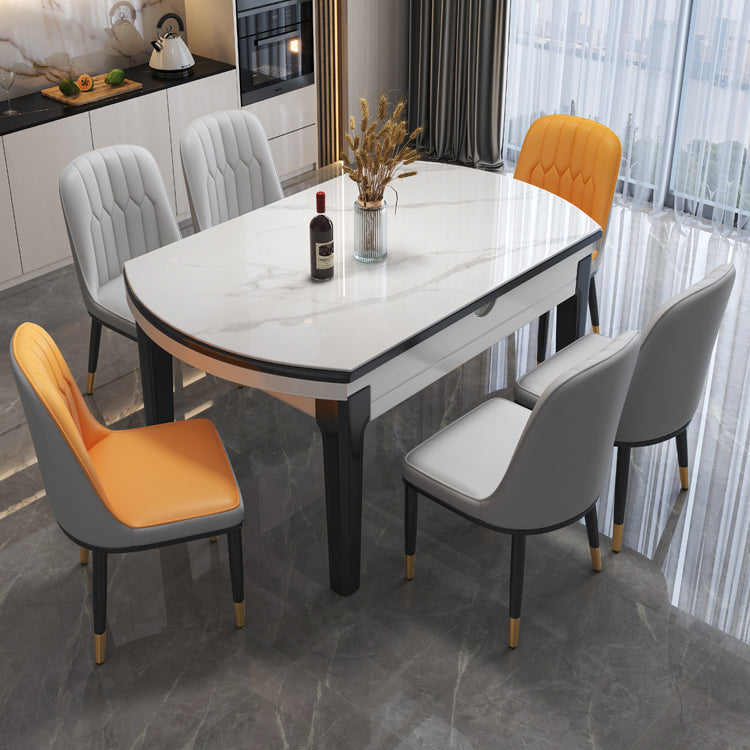 Modern Round Expandable Retractable Stone Top Dining Table with Black Wood Base