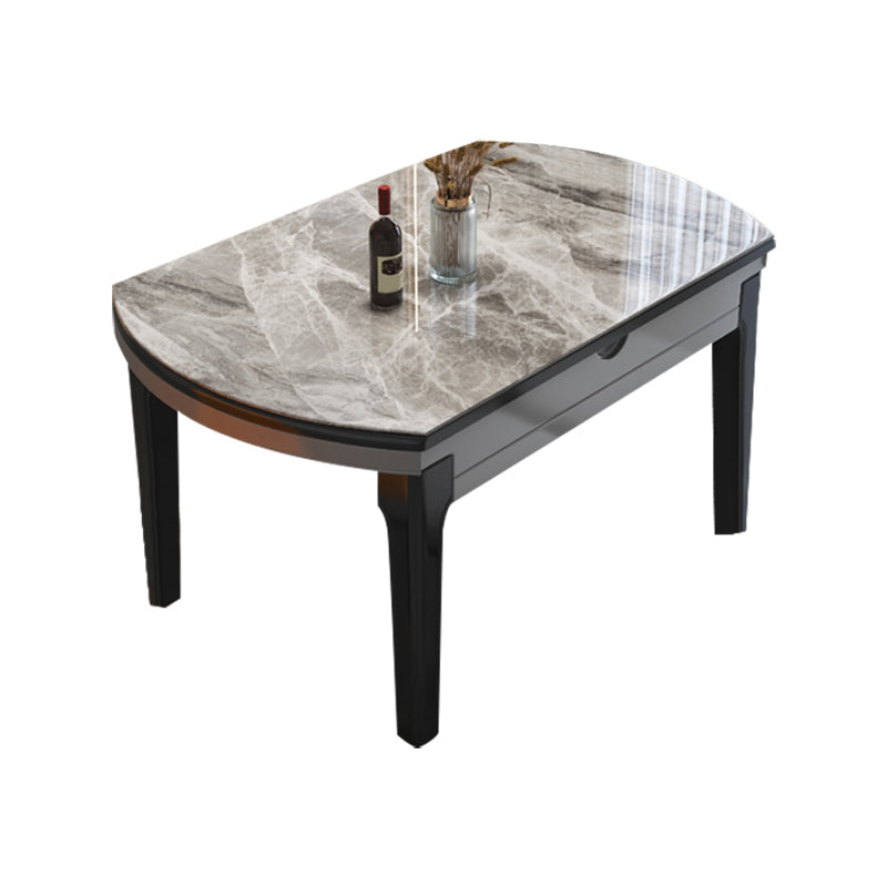 Modern Round Expandable Retractable Stone Top Dining Table with Black Wood Base
