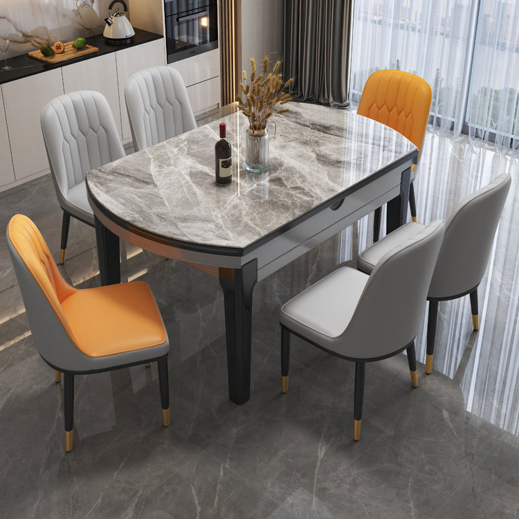 Modern Round Expandable Retractable Stone Top Dining Table with Black Wood Base