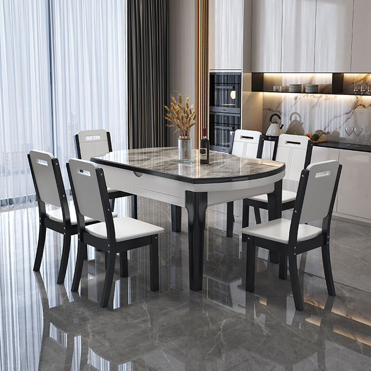 Modern Round Expandable Retractable Stone Top Dining Table with Black Wood Base