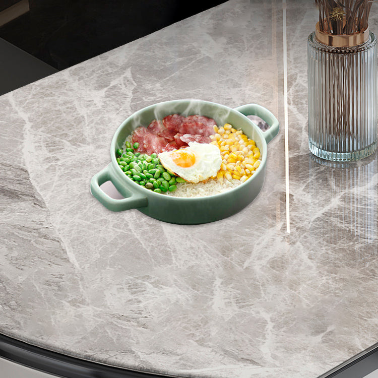 Modern Round Expandable Retractable Stone Top Dining Table with Black Wood Base