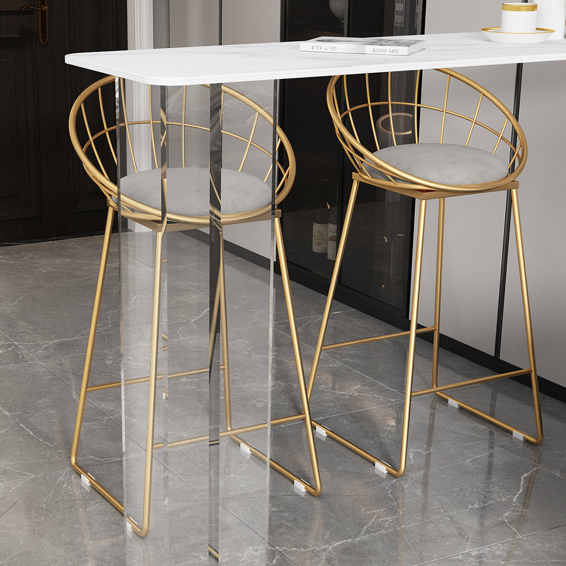 Modern White Stone Top Bistro Table with Acrylic Base for Small Places