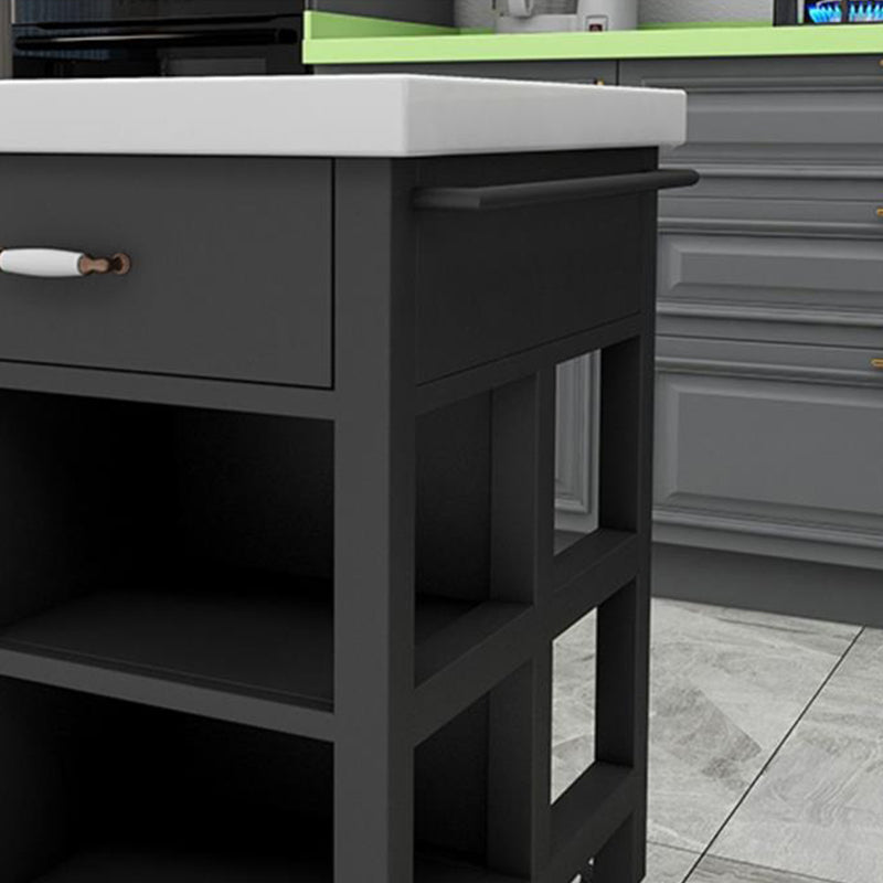 Faux Marble Rectangular Kitchen Island Cart with Black Metal Base