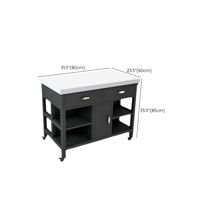 Faux Marble Rectangular Kitchen Island Cart with Black Metal Base