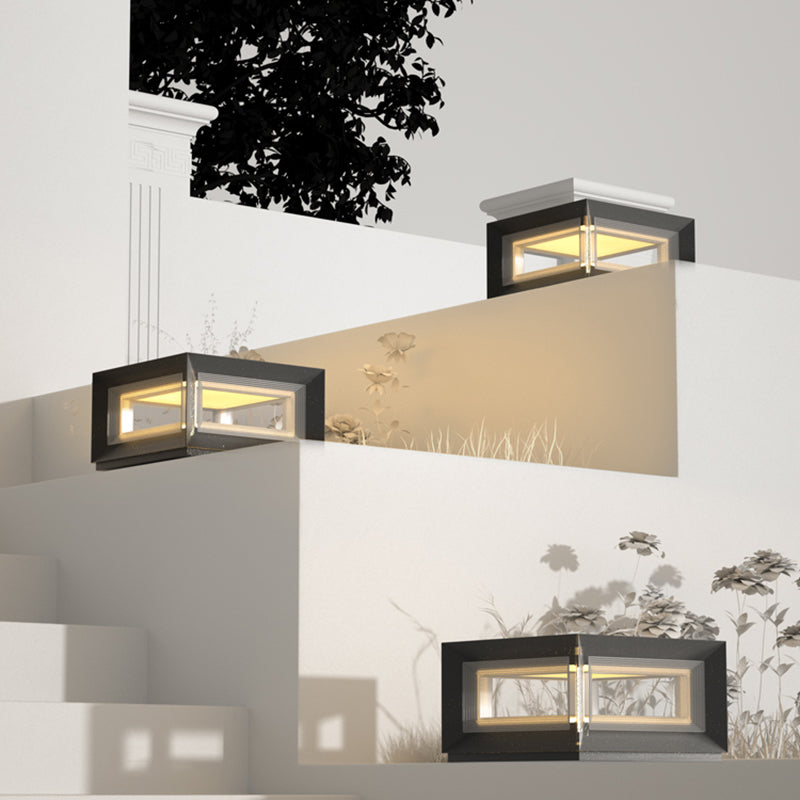 Contemporary Square Outdoor Solar Pillar Lamp in Black for Courtyard