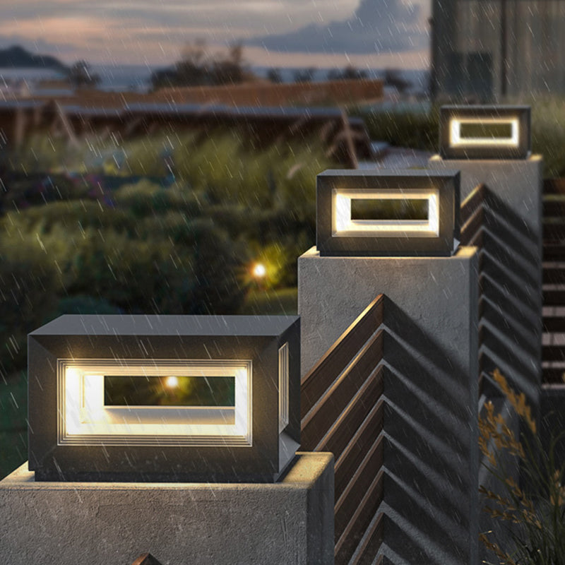 Contemporary Square Outdoor Solar Pillar Lamp in Black for Courtyard