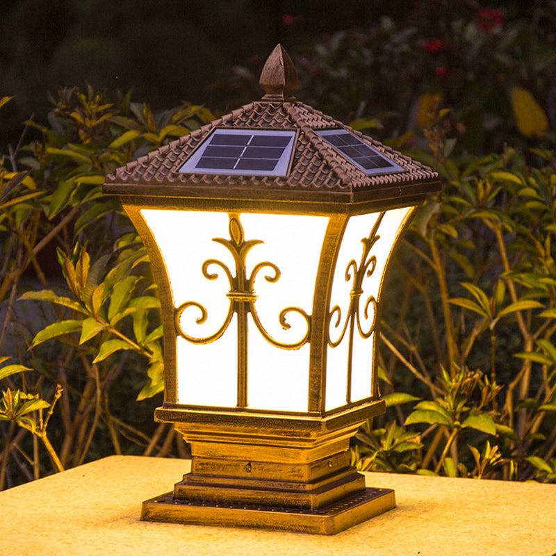 Modern Style Iron Solar Energy Pillar Lamp with Acrylic Shade for Outdoor