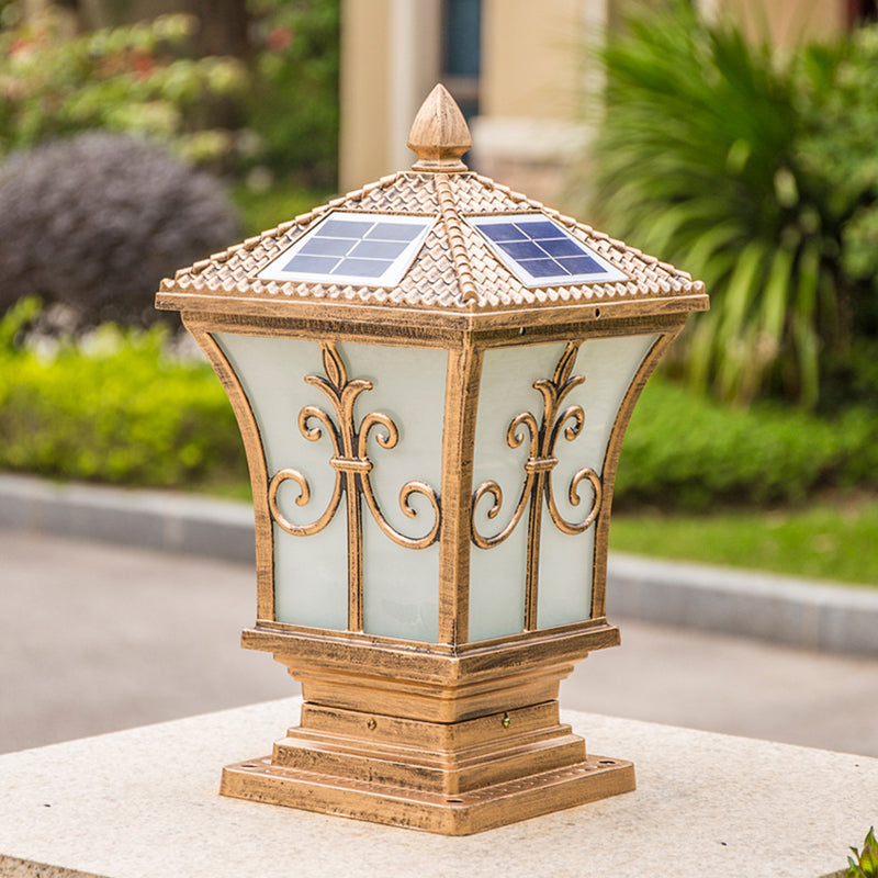 Modern Style Iron Solar Energy Pillar Lamp with Acrylic Shade for Outdoor