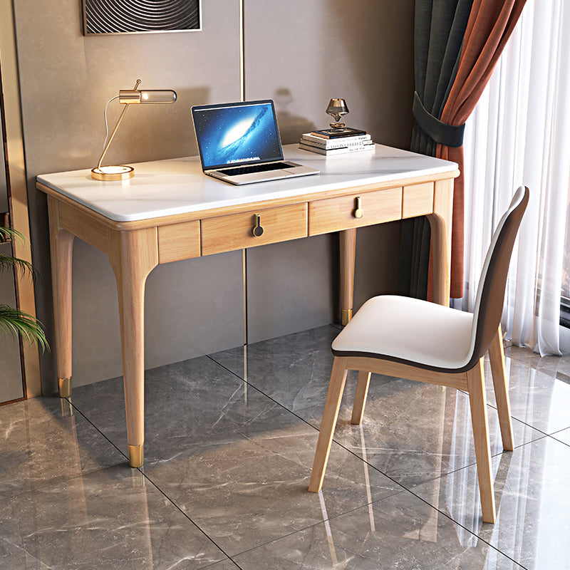 Glam Style Stone Writing Desk Solid Wood Rectangular Office Desk